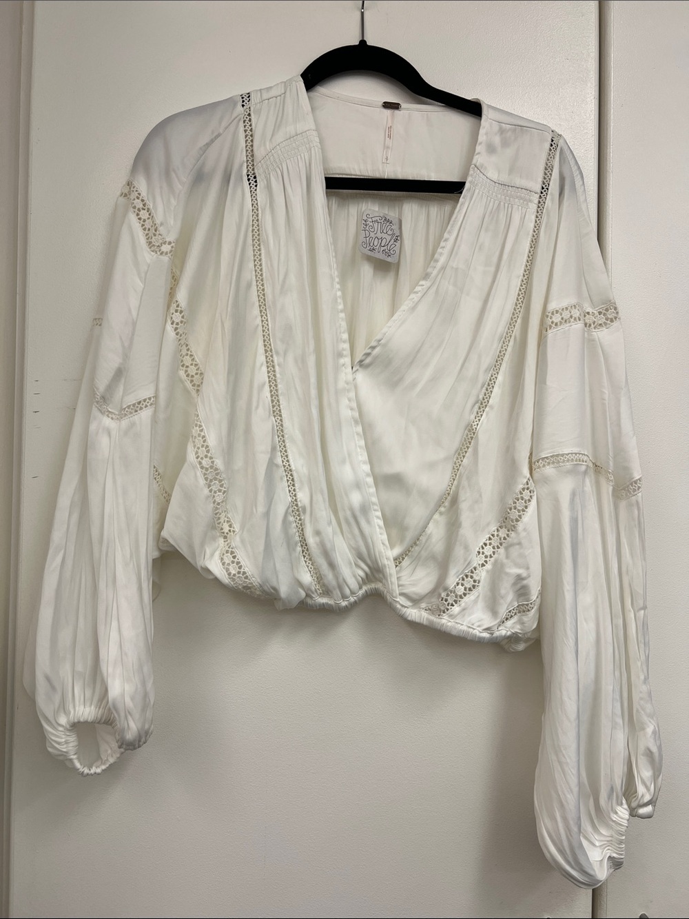 Free People Batwing Lace-Trim Surplice Blouse Shirt Top Satin Feel Dressed Up